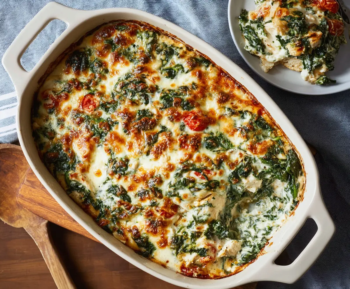 Delicious chicken and spinach casserole in a baking dish, perfect for a healthy dinner