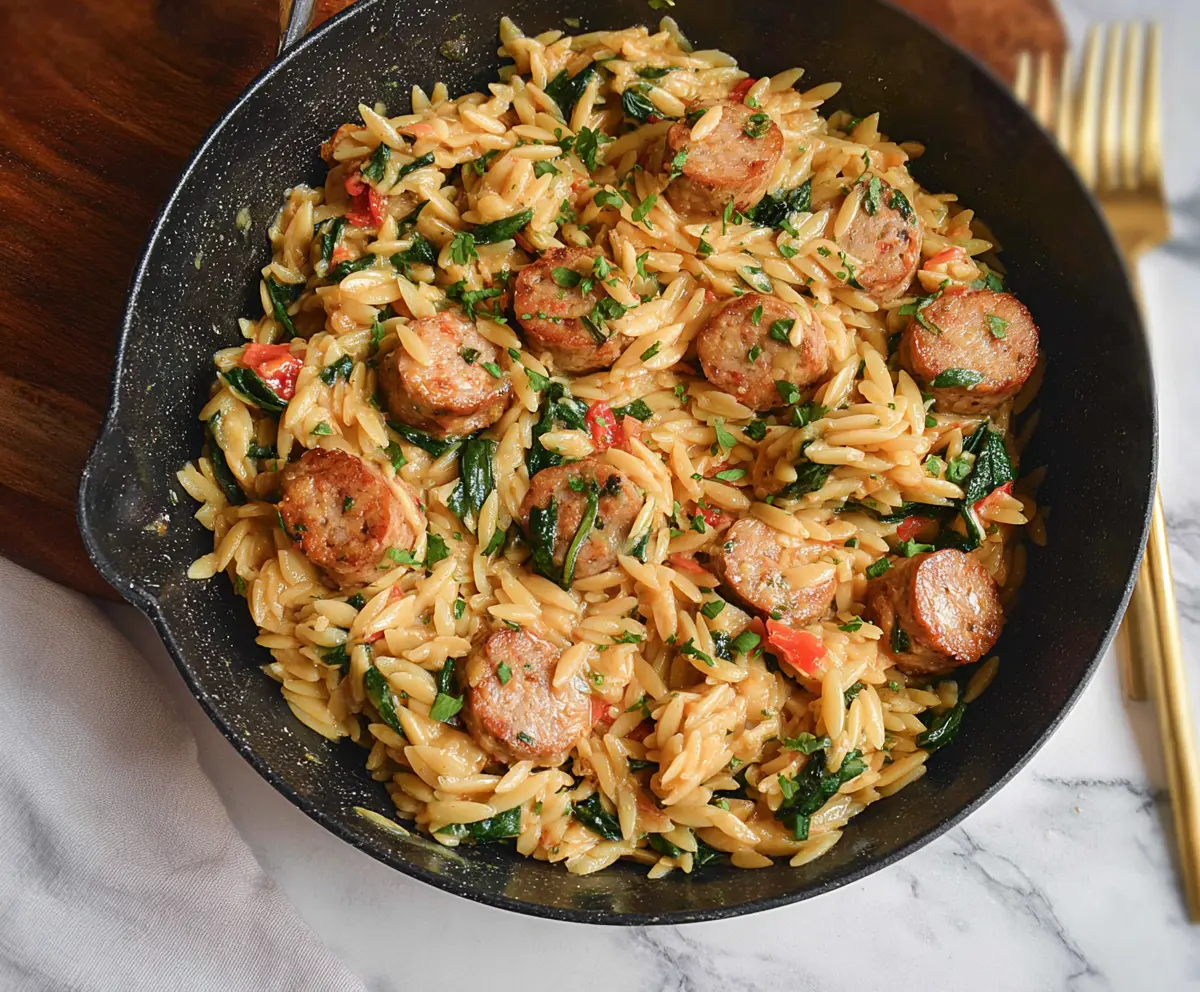 Delicious Chicken Sausage Orzo Skillet served with fresh herbs and vegetables
