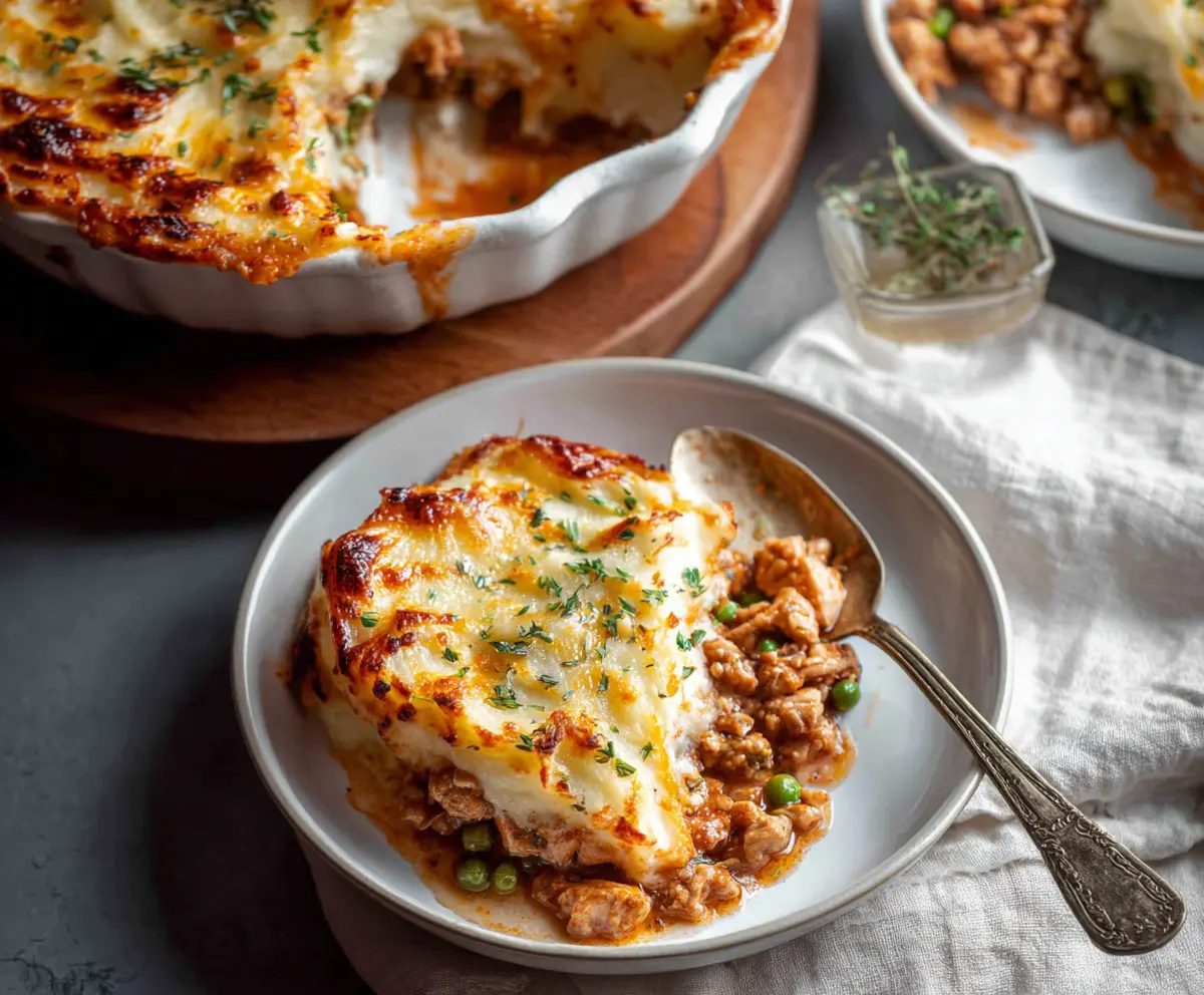 Delicious homemade Chicken Shepherd's Pie with golden mashed potato topping and seasoned chicken filling.