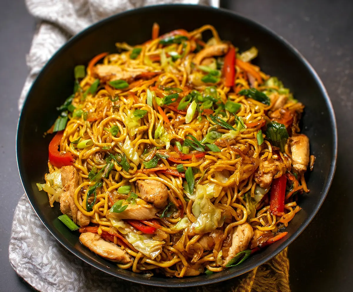Delicious Chicken Yakisoba Noodles stir-fried with vegetables on a plate