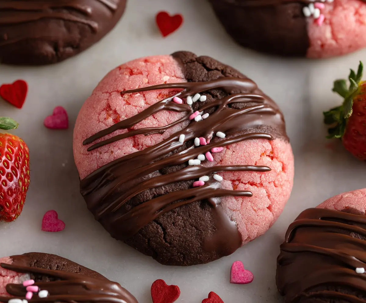 Delicious chocolate-covered strawberry cookies with shiny glaze and fresh strawberries