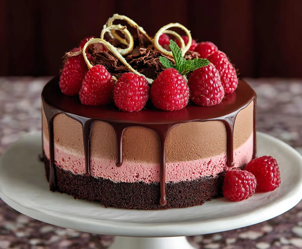 Delicious Chocolate Raspberry Mousse Cake with rich chocolate layers and fresh raspberry topping.