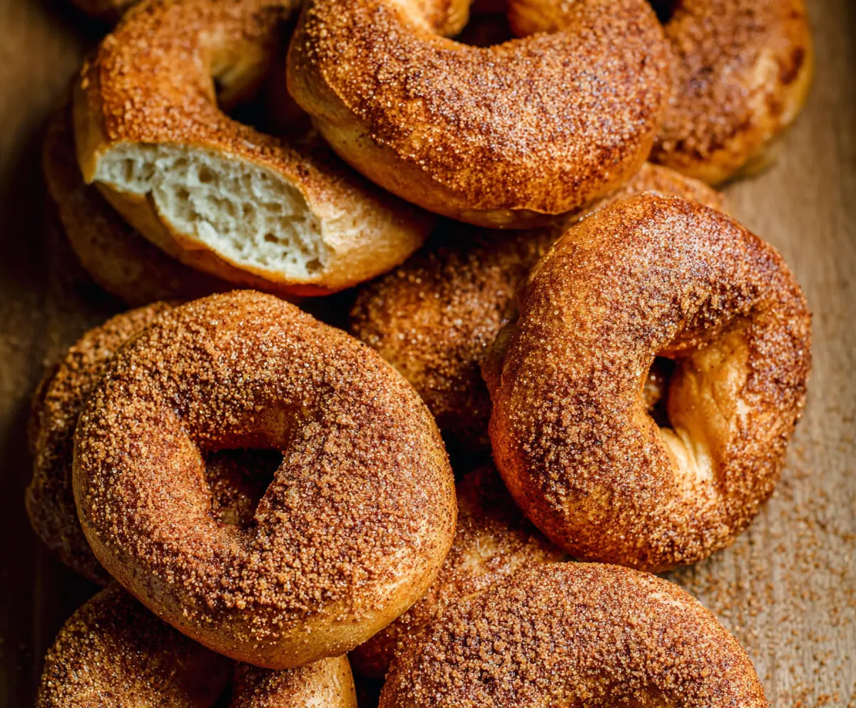 Golden brown cinnamon bagels with a shiny crust topped with cinnamon sugar.