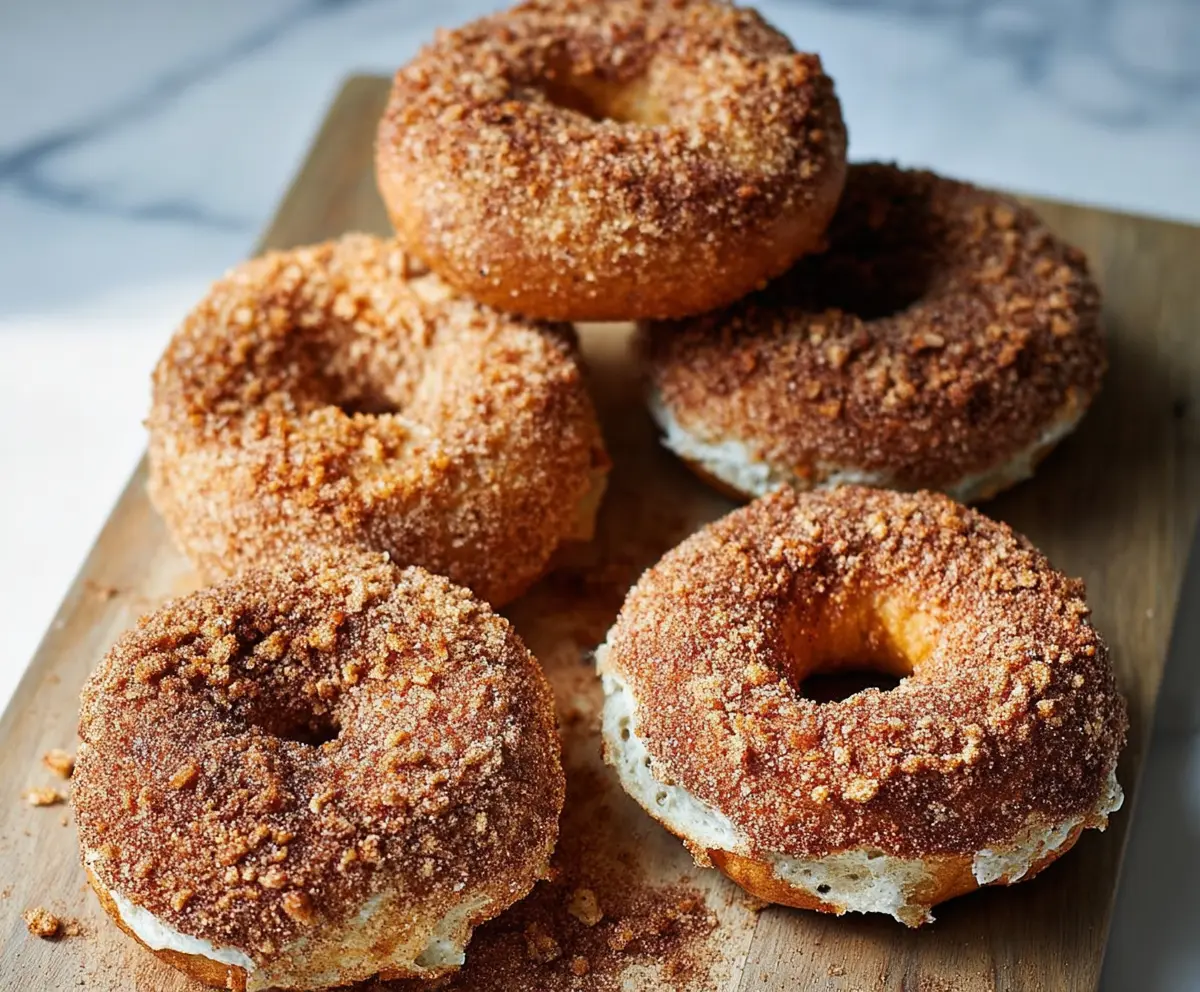 Delicious cinnamon sugar crunch bagels topped with cinnamon and sugar blend.