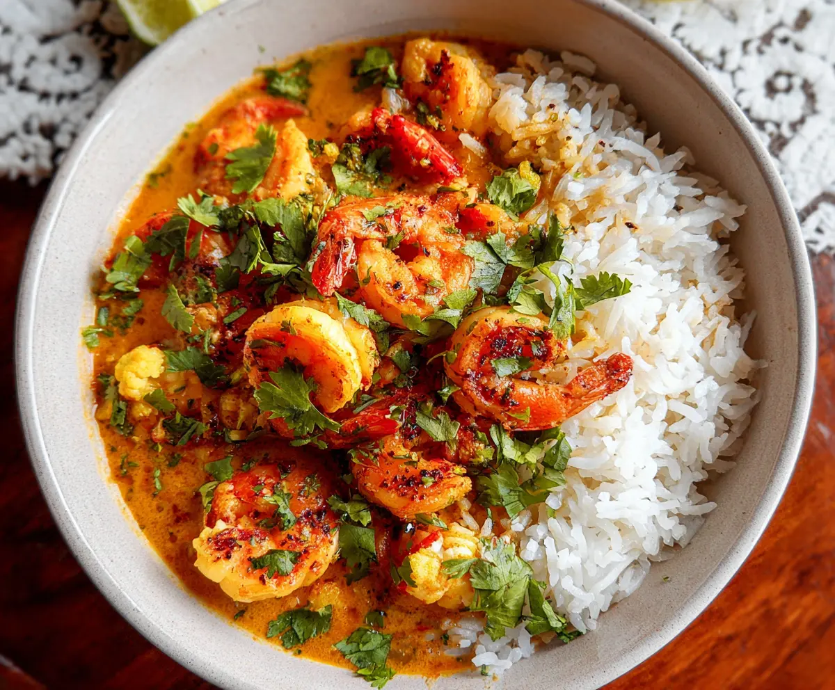 Delicious coconut curry shrimp served with fresh herbs and jasmine rice