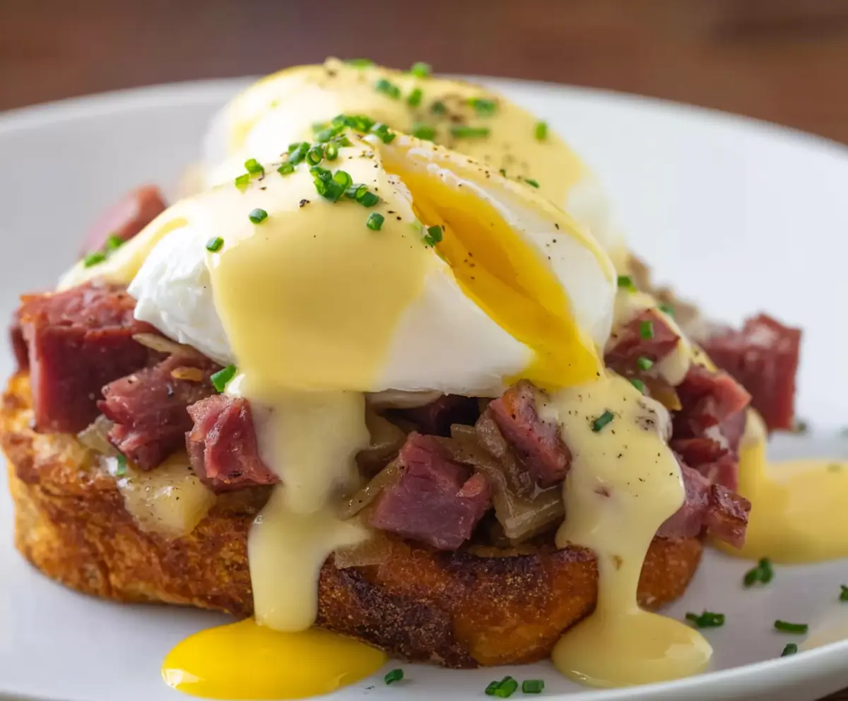 Delicious Corned Beef Hash Eggs Benedict served with melted hollandaise sauce on a savory breakfast plate.