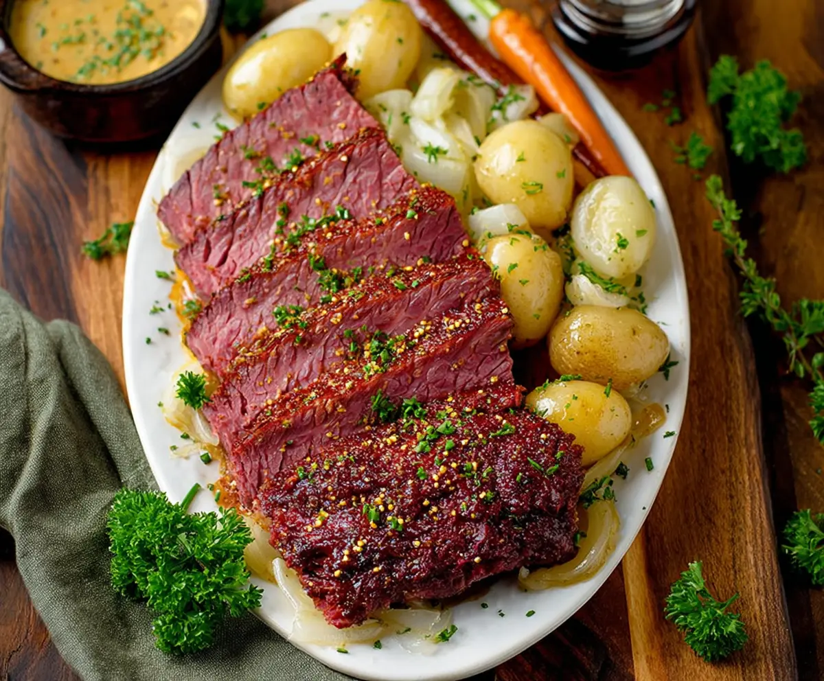 Delicious corned beef with a shiny mustard glaze served on a plate.