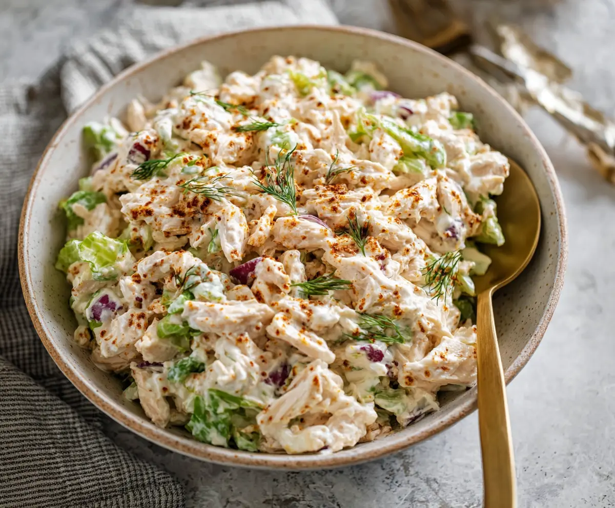 Delicious Cottage Cheese Chicken Salad served with fresh vegetables and herbs