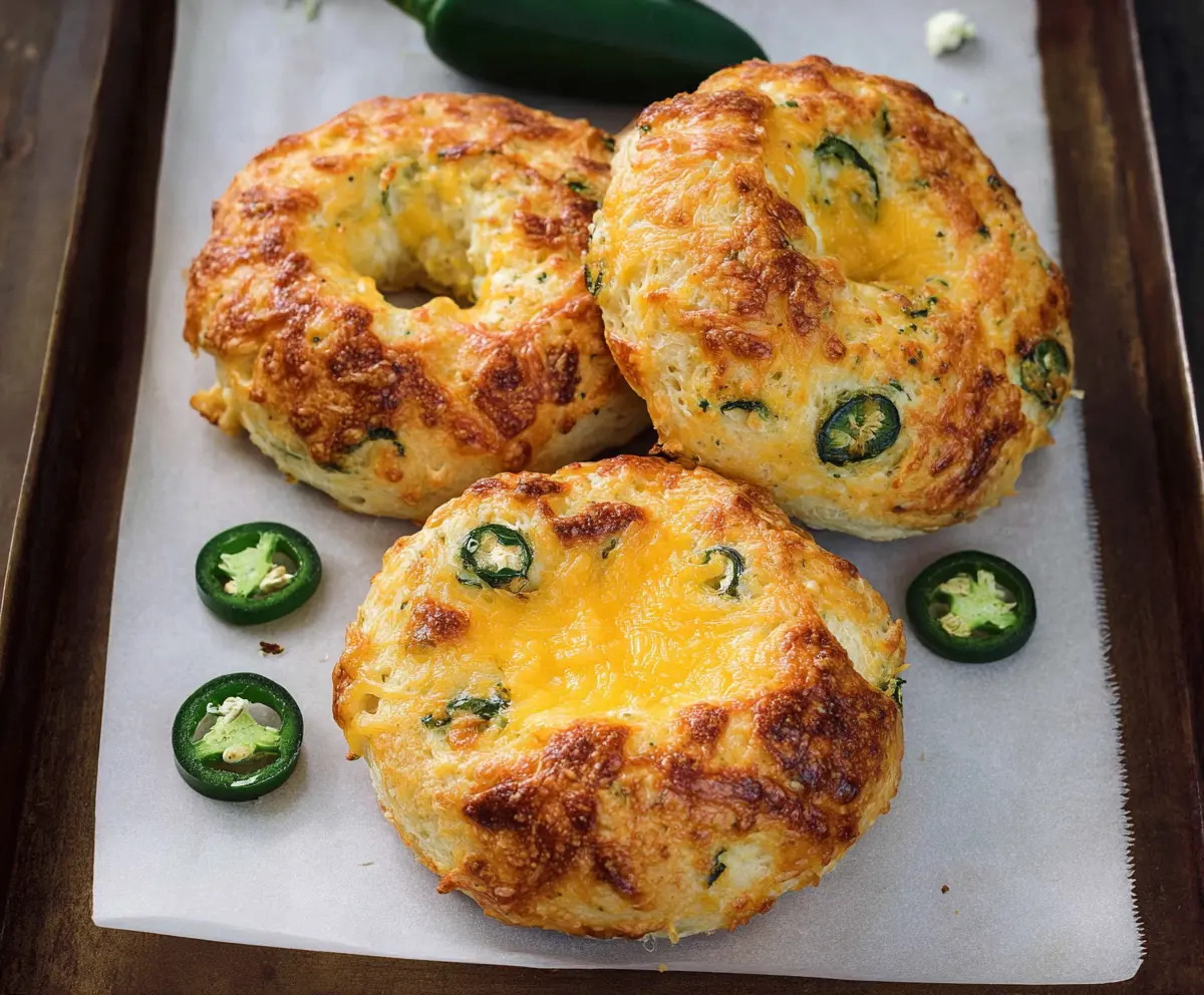 Delicious homemade cottage cheese, jalapeño, and cheddar bagels on a rustic wooden table.