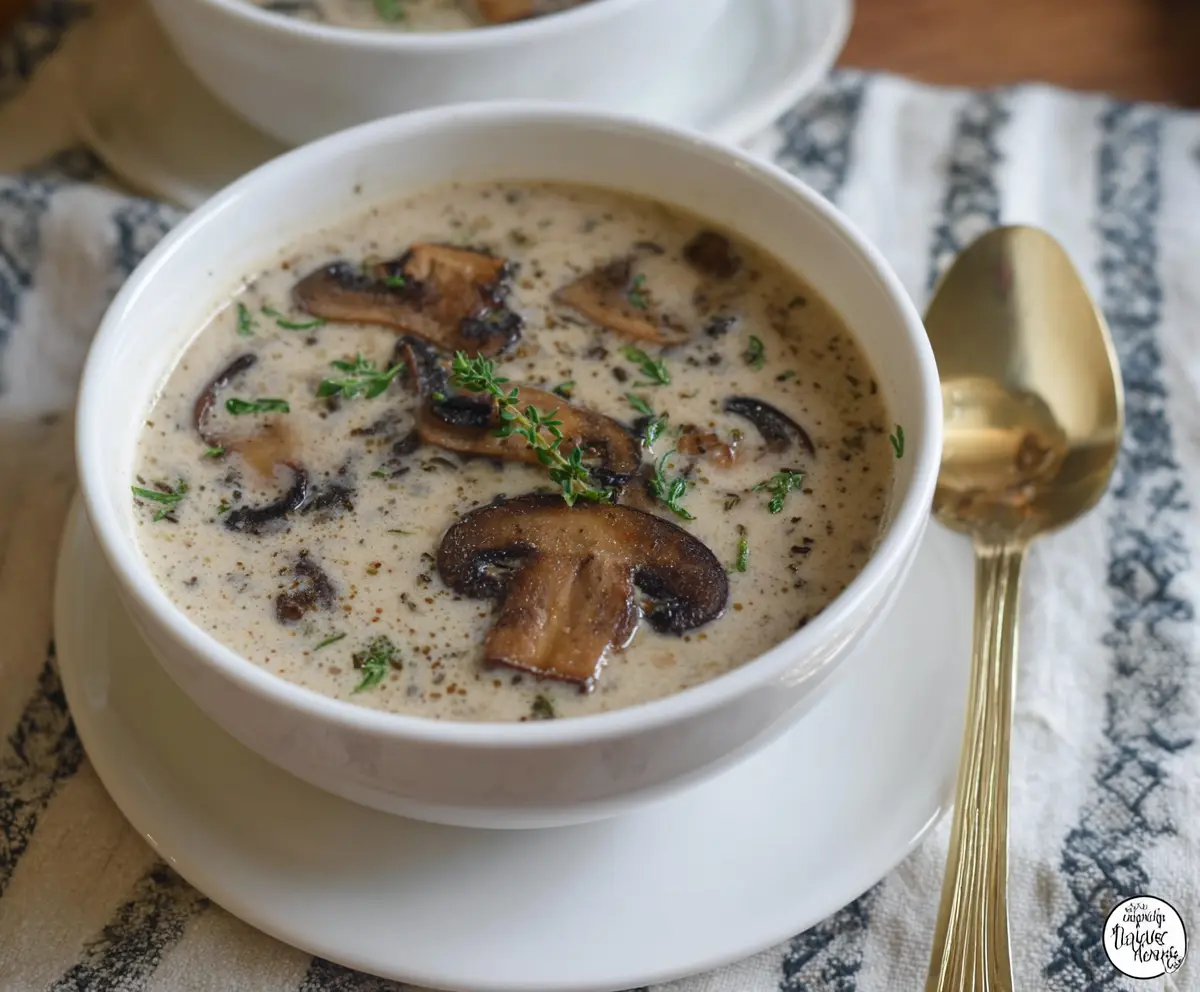 Creamy cottage cheese mushroom soup served in a bowl, garnished with fresh herbs.