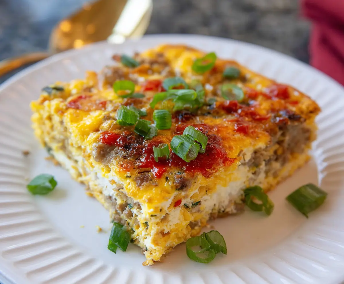 Delicious Cottage Cheese Turkey Sausage Breakfast Casserole served on a plate with fresh herbs.