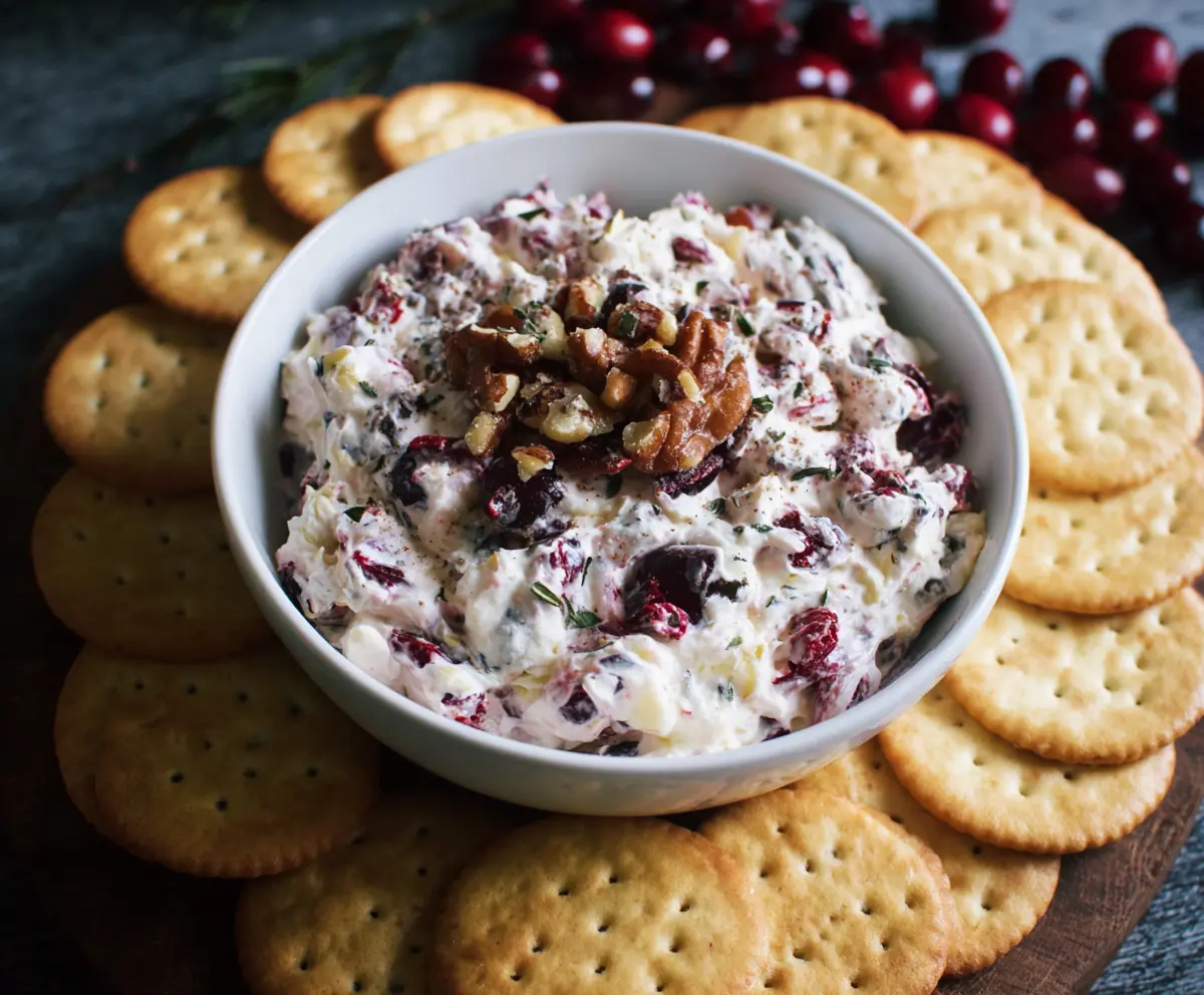 Delicious cranberry walnut cream cheese dip served with fresh crackers and fruits.