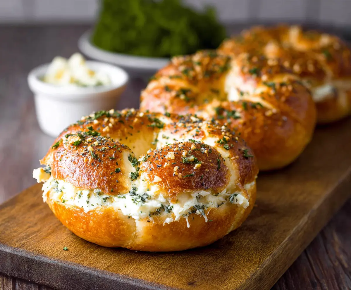 Cream cheese stuffed garlic bagels with golden crust, perfect for breakfast or snacks.