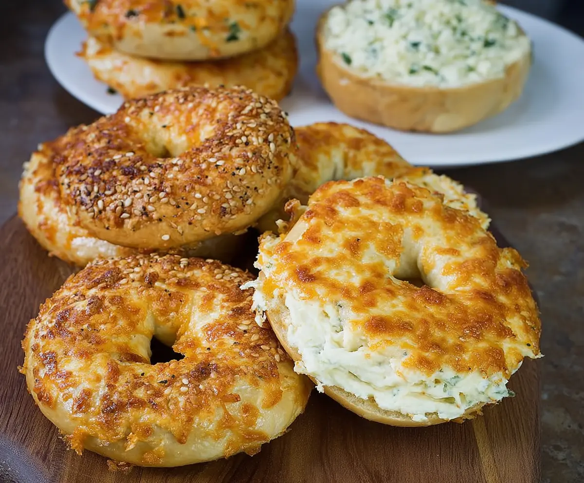 Delicious creamy cheddar bagels with melted cheese and soft texture, perfect for breakfast or snack.