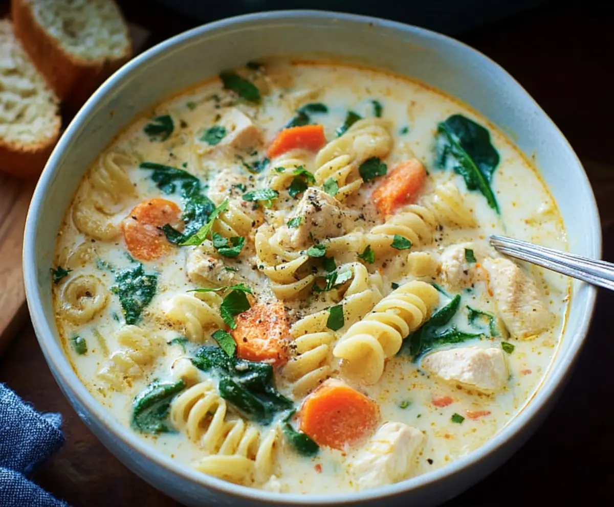 Creamy chicken pasta soup with fresh carrots and spinach in a bowl, perfect for a cozy meal.