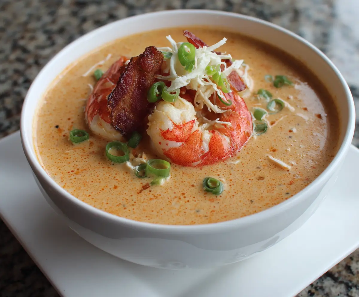 Delicious Creamy Crab and Shrimp Seafood Bisque served in a bowl with fresh herbs