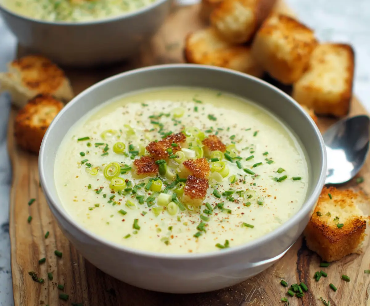 A bowl of creamy leek and garlic soup garnished with fresh herbs, served in a rustic white dish.