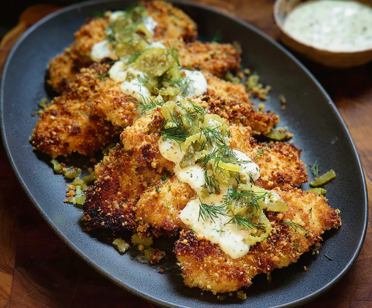 Crispy Dill Pickle Parmesan Chicken plated with lemon and fresh herbs on a rustic wooden table.