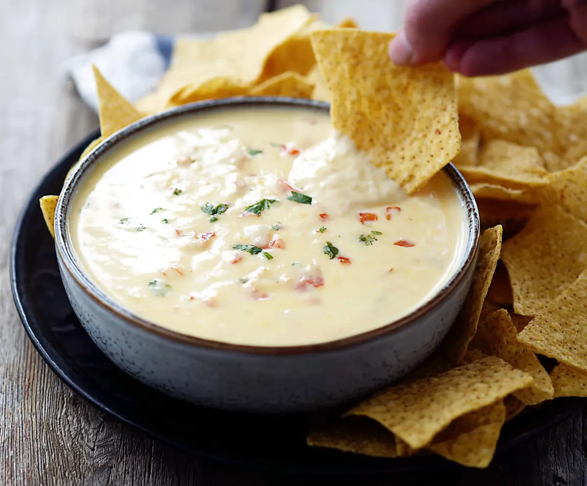 Creamy Crock Pot Queso Blanco Dip served in a bowl with tortilla chips for a delicious snack