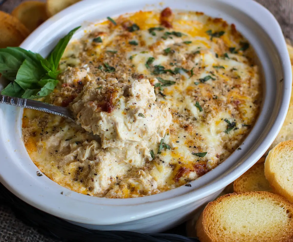 Creamy Crockpot Marry Me Chicken Dip in a small serving dish with crispy crackers on a wooden table.