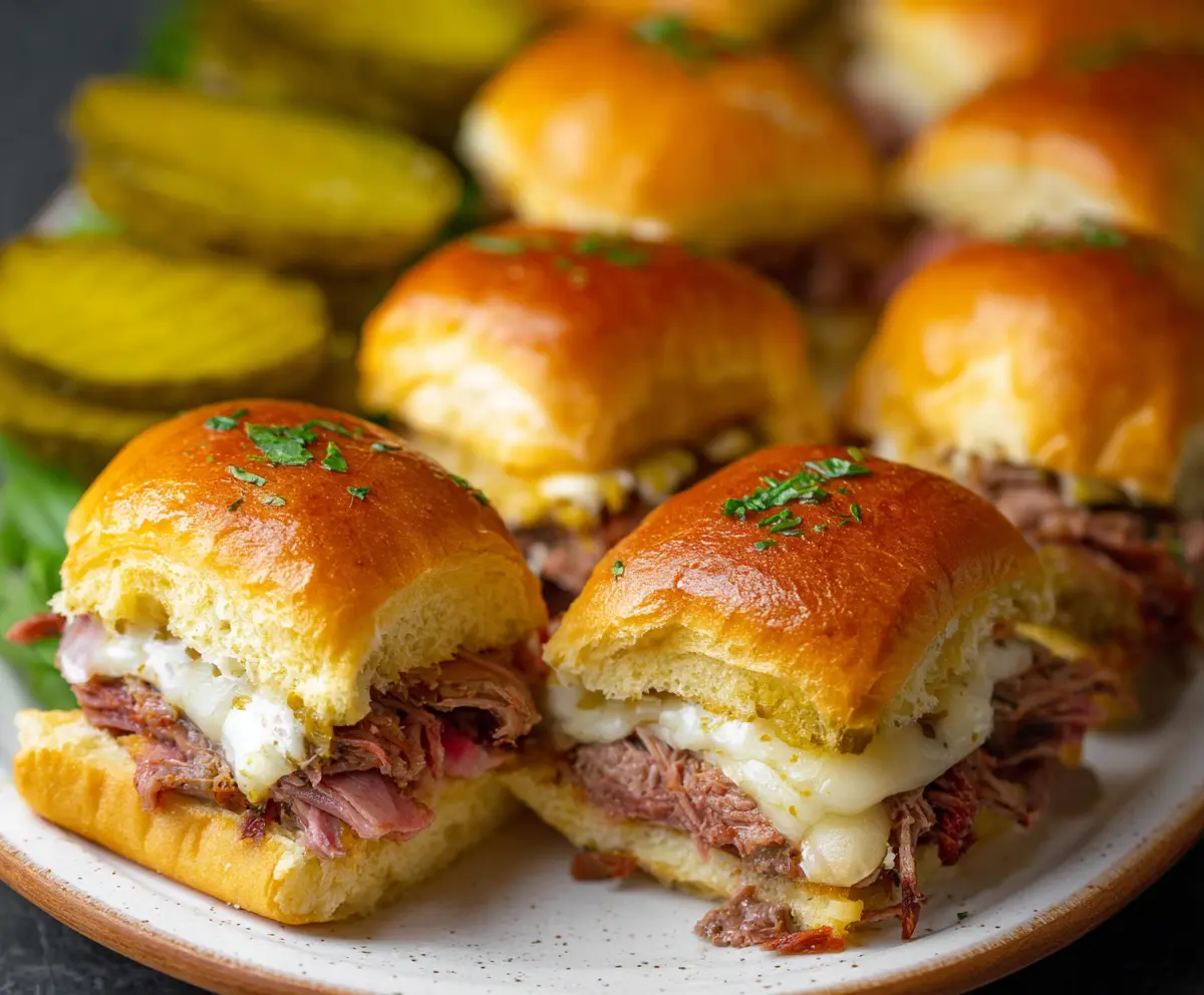 Delicious Cuban Sliders with juicy pork, Swiss cheese, and pickles on mini buns.