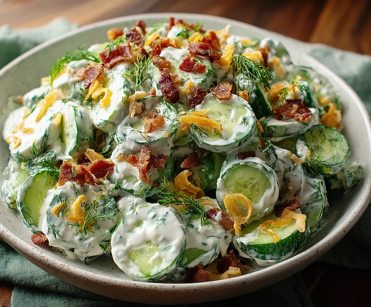Cucumber Ranch Crack Salad featuring fresh cucumbers, creamy ranch dressing, and crunchy toppings