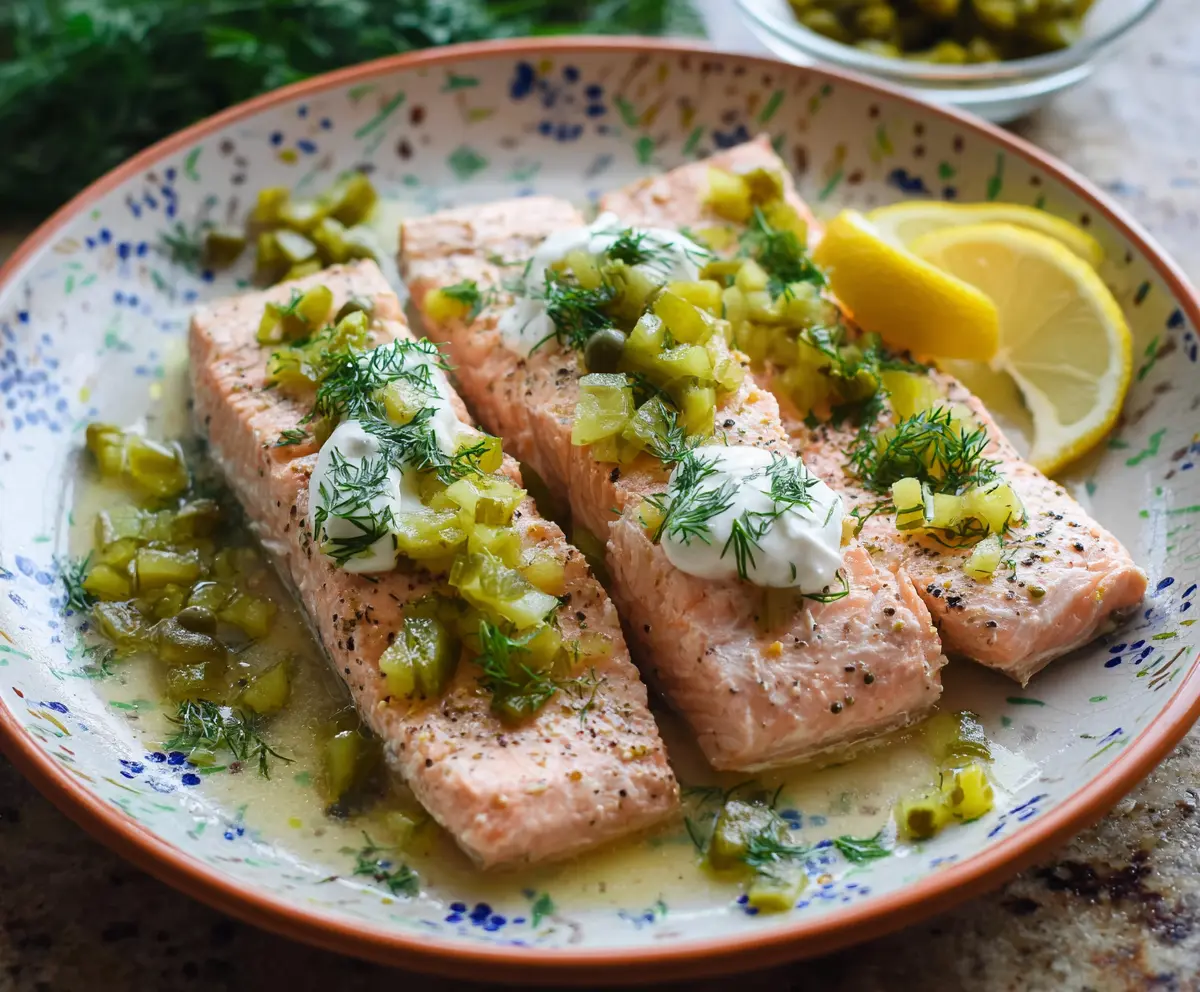 Delicious Dill Pickle Salmon served on a plate with fresh herbs for a flavorful seafood dish.