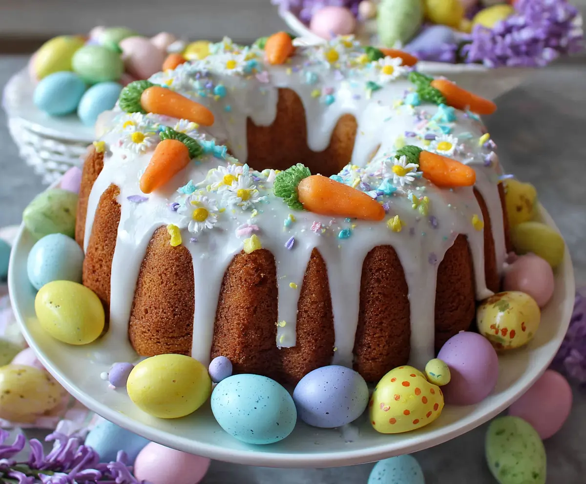 Delicious Easter Bundt Cake decorated with colorful frosting and spring-themed sprinkles.