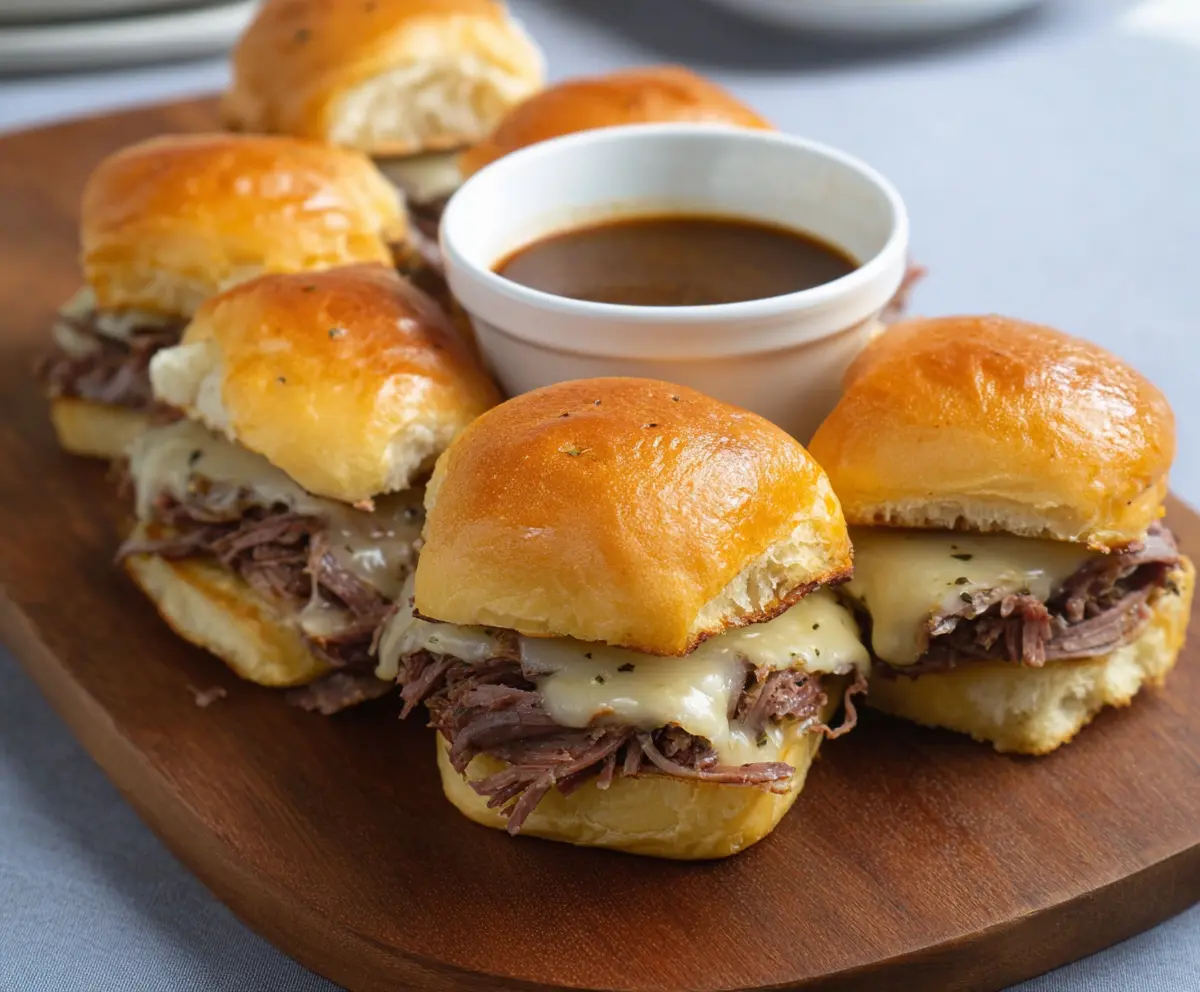 Delicious French Dip Sliders with tender roast beef, melted cheese, and toasted buns served with a side of au jus.