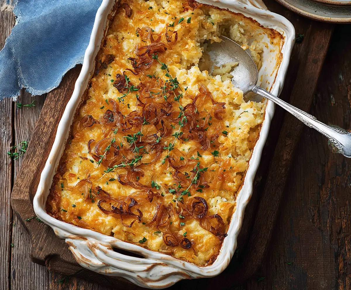 Delicious French Onion Funeral Potatoes casserole with melted cheese and crispy onions on top.