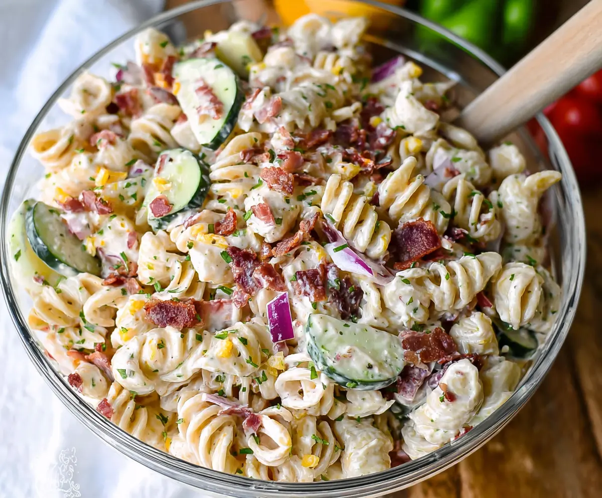 Fresh Ranch Pasta Salad with Bacon topped with herbs and served chilled