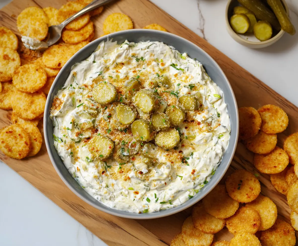 Creamy fried pickle dip served with crispy chips, perfect for game day snacks.