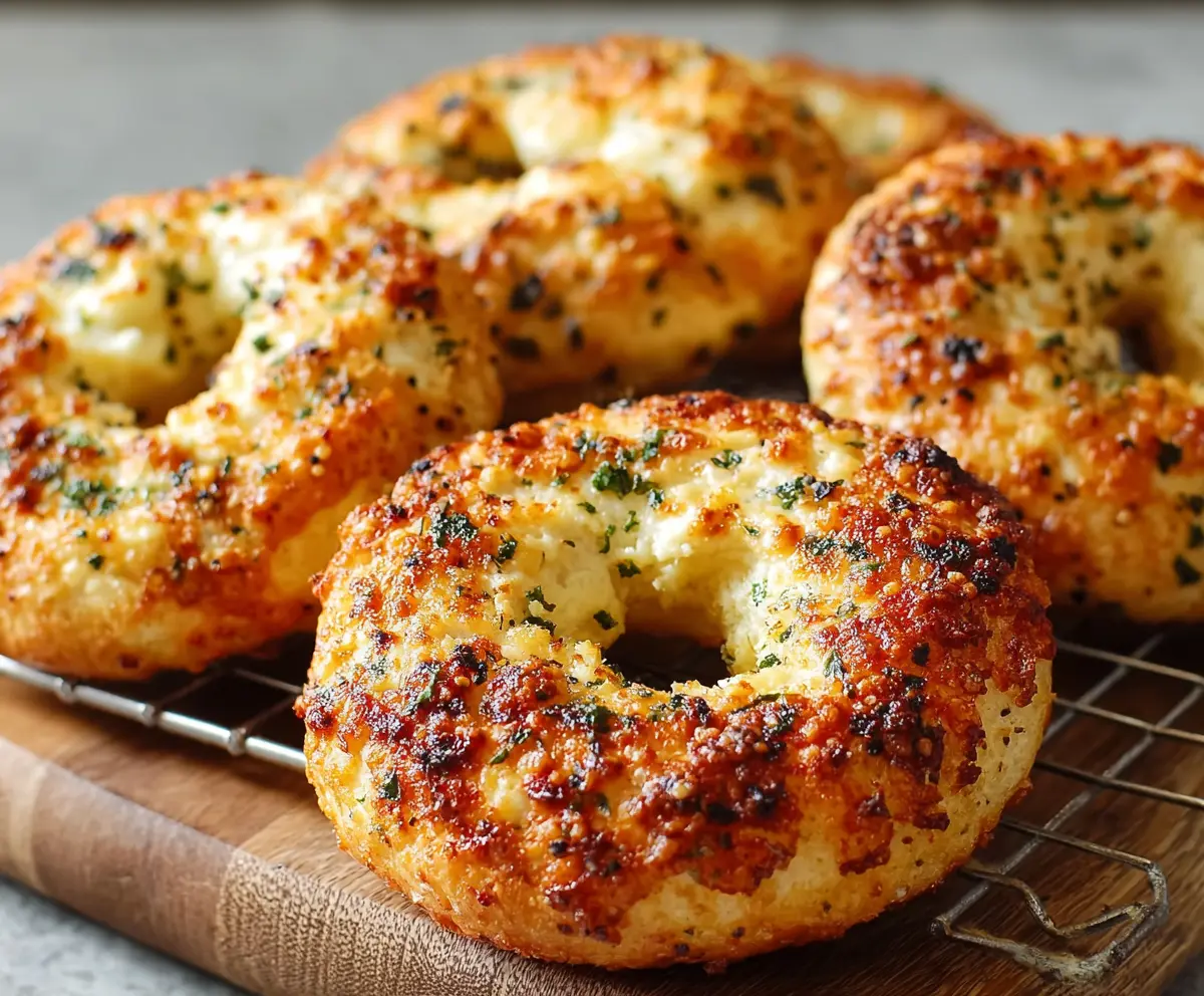 Garlic Parmesan Cottage Cheese Bagels on a plate, fresh and golden with herbs and cheese topping