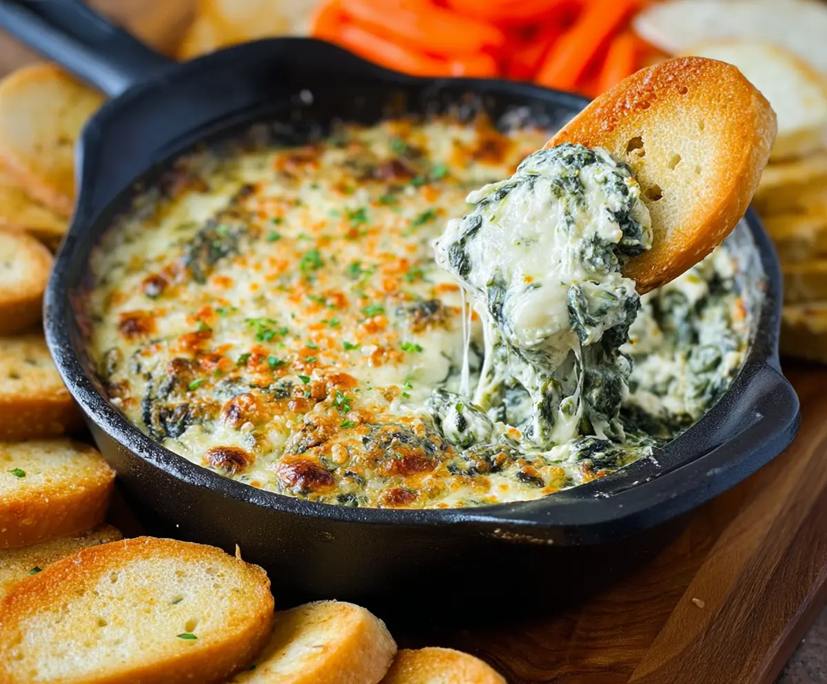 Creamy garlic parmesan spinach dip served in a bowl, perfect for snacks or parties.