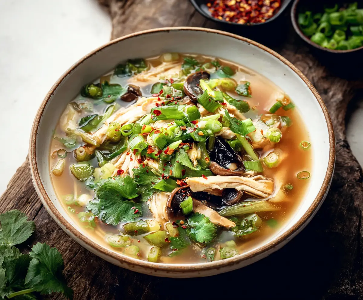 Homemade Ginger Scallion Chicken Soup in a white bowl on a rustic wooden table.
