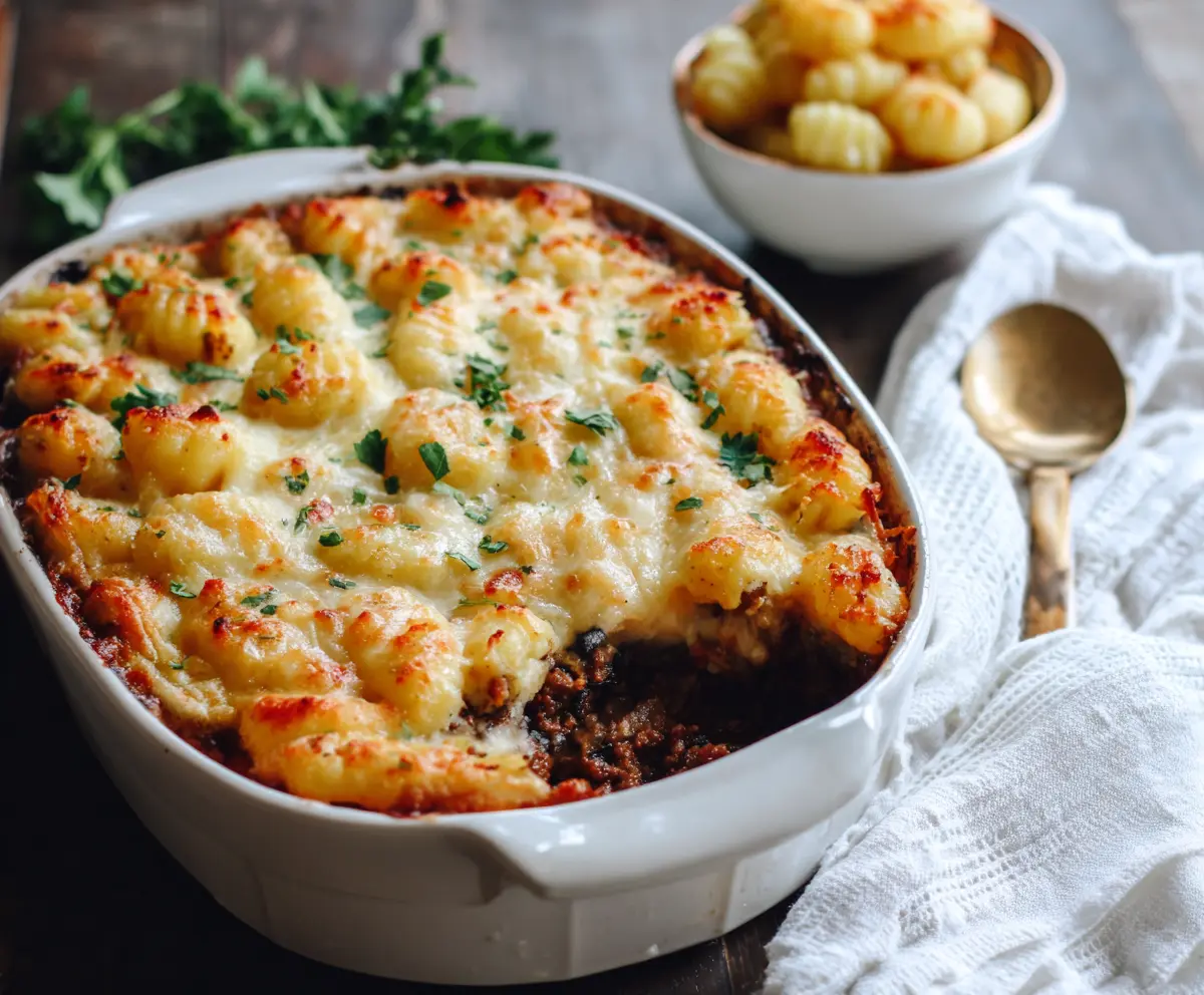 Delicious Gnocchi Shepherd's Pie featuring creamy mashed potato topping and savory meat filling.