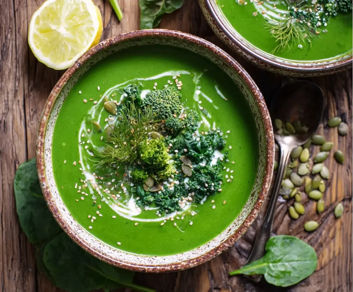 Fresh green detox soup in a white bowl garnished with herbs, perfect for healthy eating.