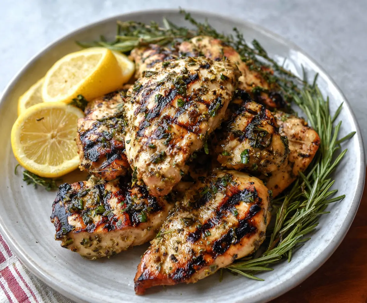 Juicy grilled lemon herb chicken breasts served on a plate with fresh herbs and lemon slices.