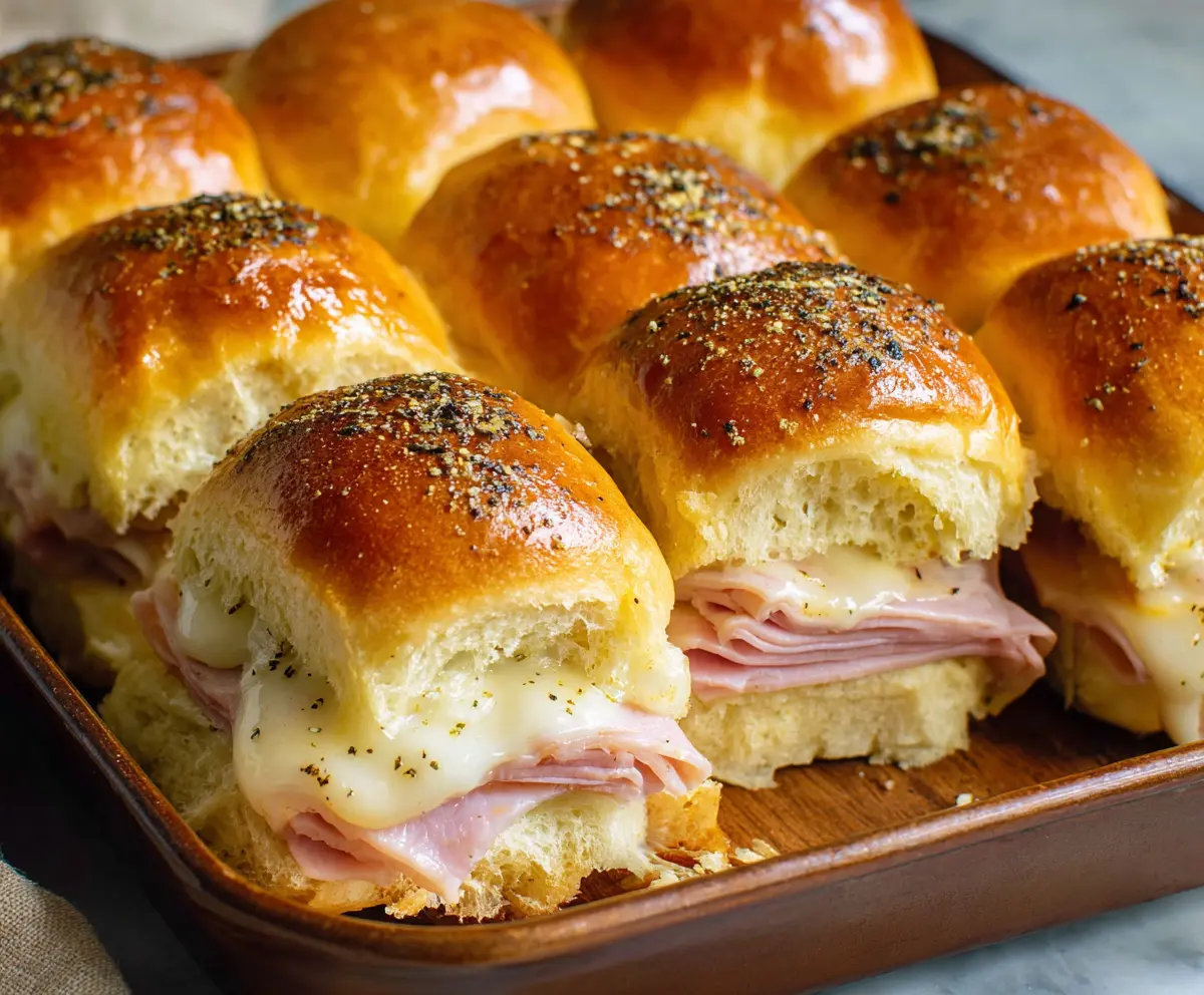 Delicious Ham and Cheese Hawaiian Roll Sliders arranged on a serving platter, perfect for party appetizers.