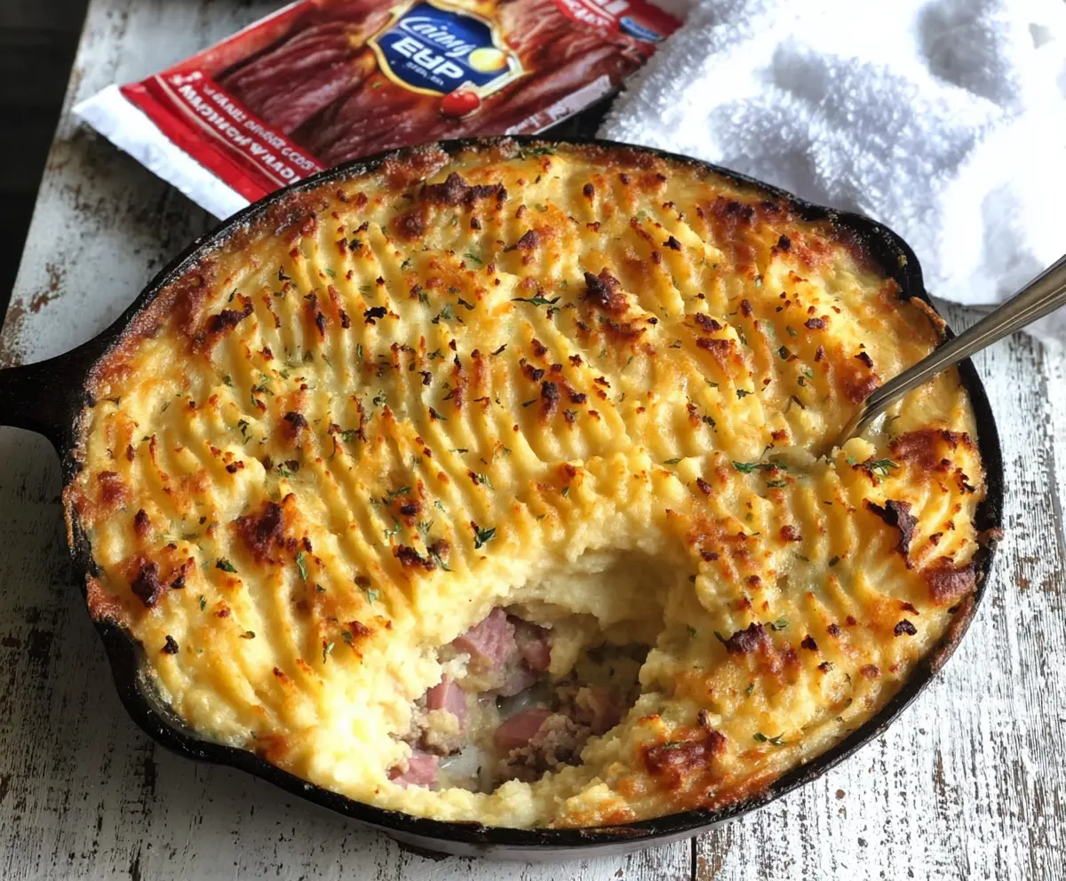 Delicious ham Shepherd's Pie with creamy mashed potatoes and savory filling in a baking dish.