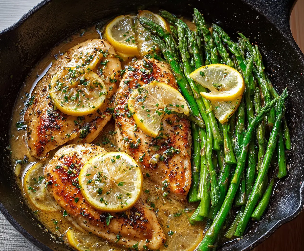 Juicy Lemon Butter Garlic Chicken served with fresh asparagus on a white plate.