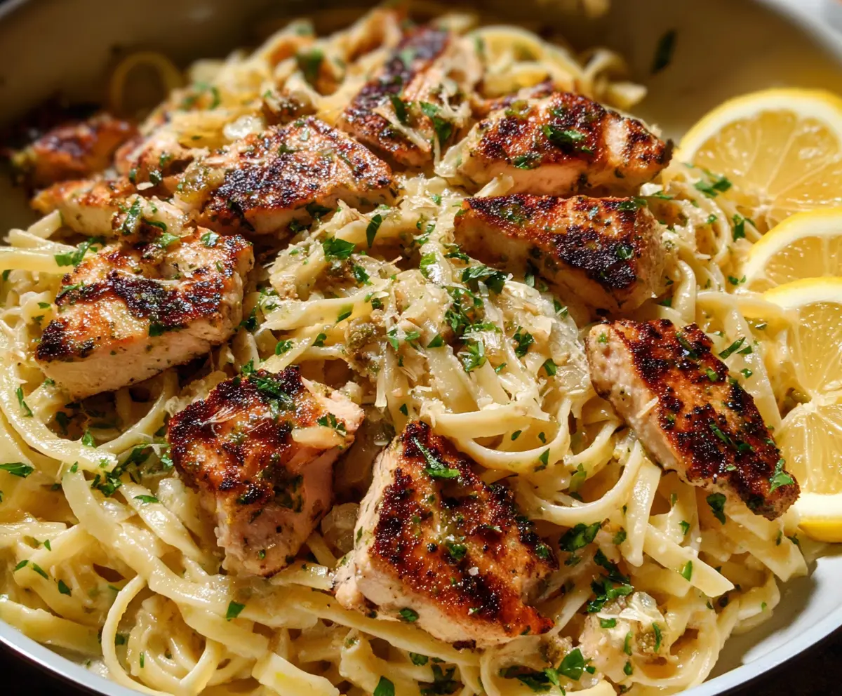 Delicious Lemon Chicken Pasta with fresh lemon slices and herbs on a plate
