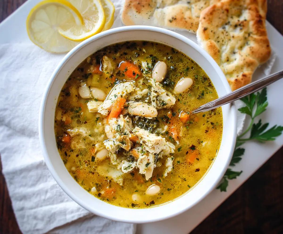 Hearty Lemon Chicken White Bean Soup in a bowl with fresh herbs and lemon slices.