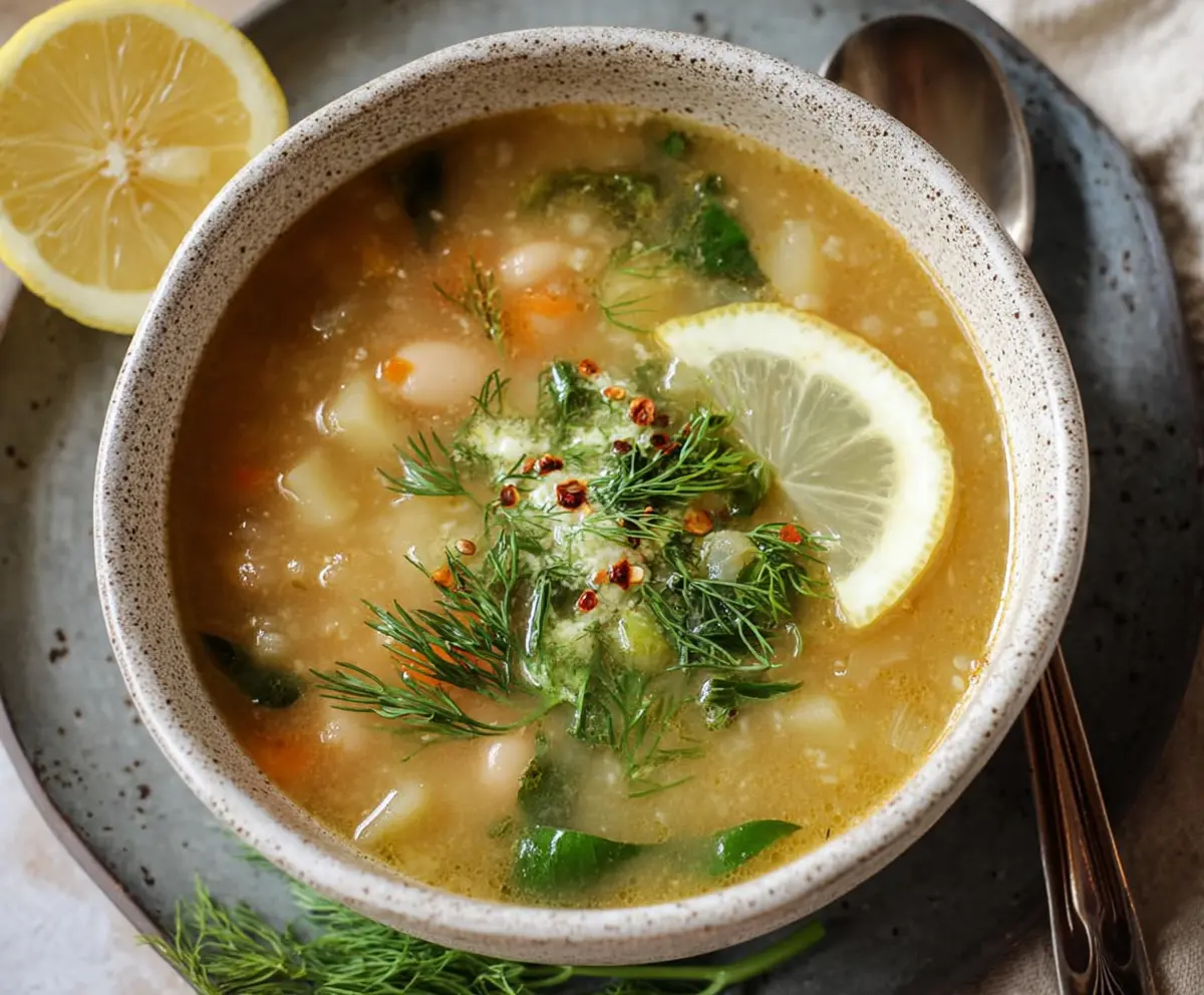 Creamy Lemon-Dill White Bean and Potato Soup served in a bowl with fresh herbs.