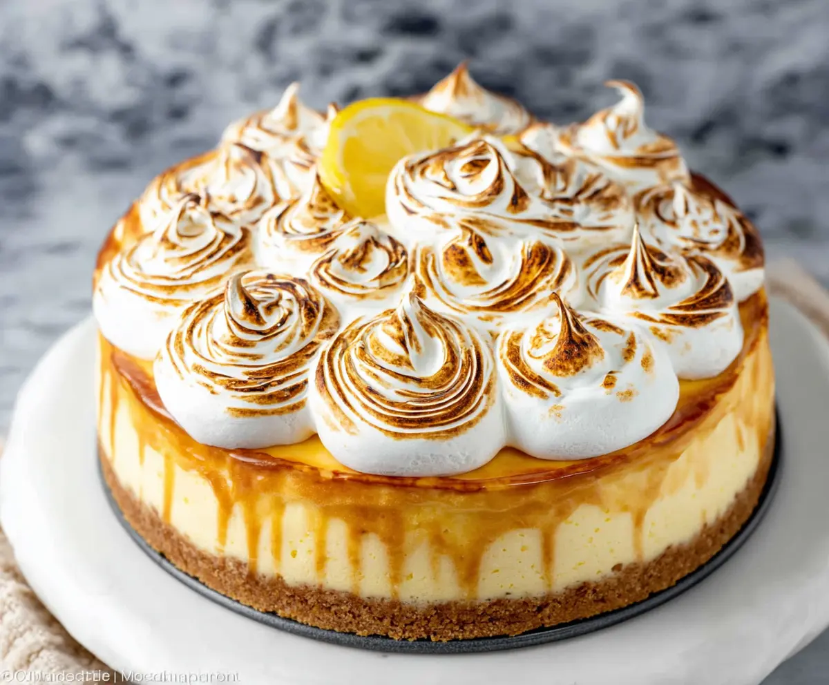 Delicious Lemon Meringue Cheesecake with a golden toasted meringue topping and creamy lemon filling.