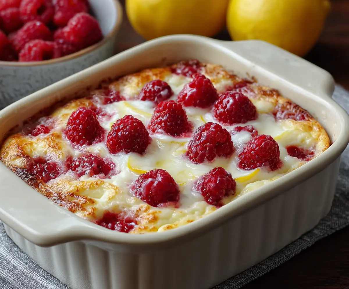Delicious Lemon Raspberry Cottage Cheese Bake served in a baking dish with fresh raspberries and lemon slices.