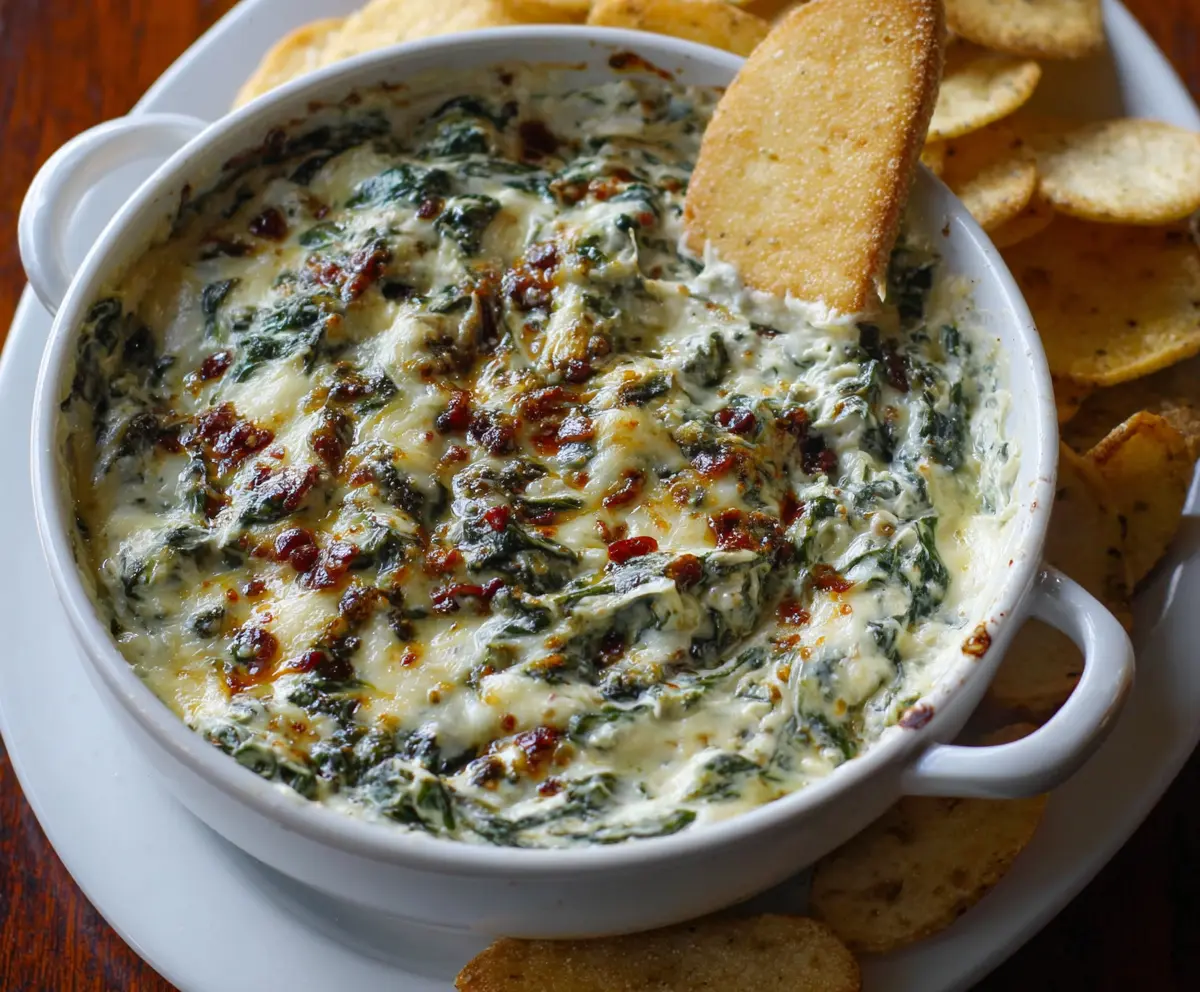 Creamy spinach dip served at Longhorn Steakhouse, perfect for sharing with friends.