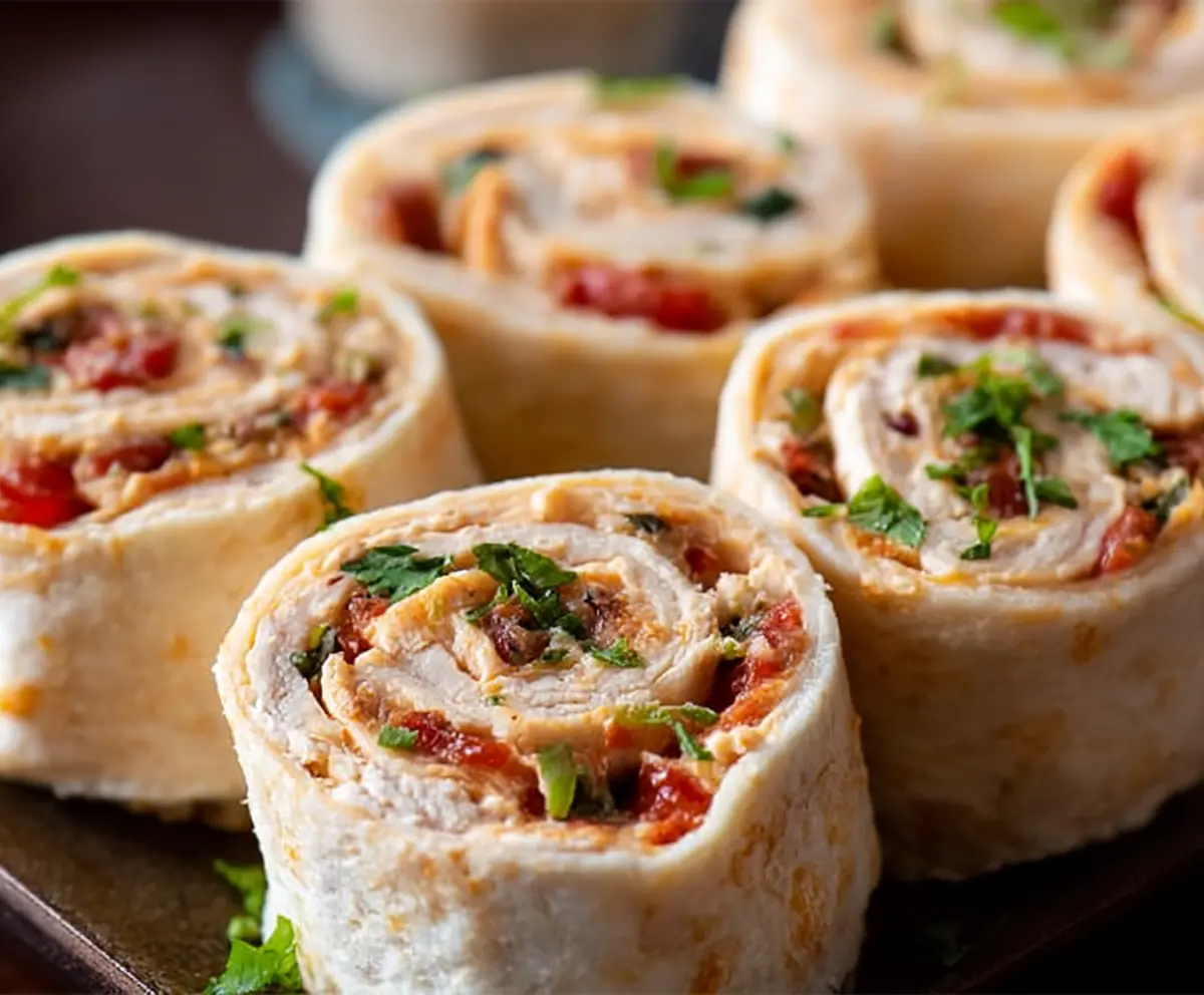 Delicious Mexican Chicken Pinwheel Roll-ups garnished with fresh herbs, perfect for appetizers or snacks.