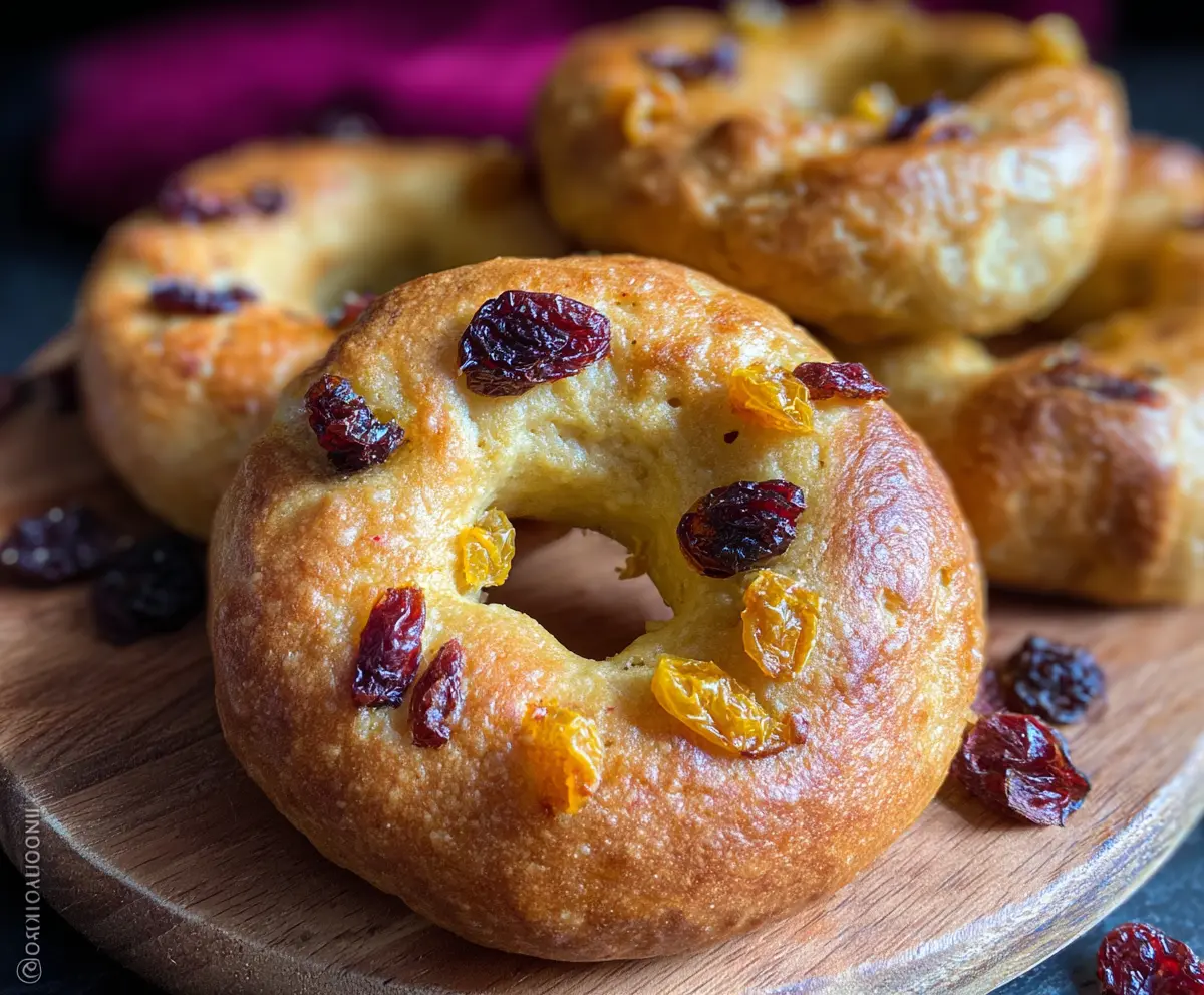 Fresh mini cranberry orange bagels on a white plate with orange slices in the background.