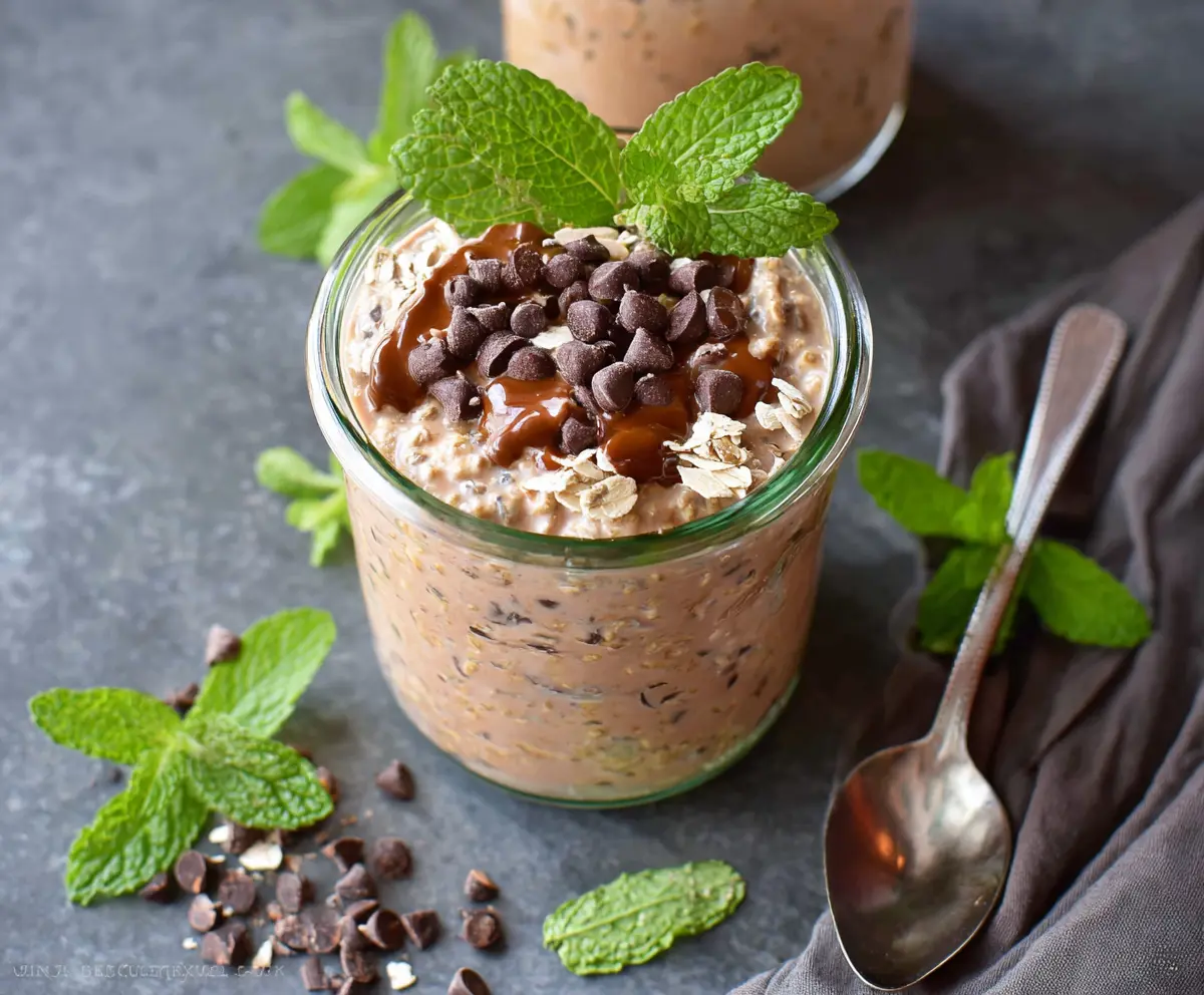 Creamy mint chocolate chip overnight oats topped with fresh mint leaves and chocolate chips, perfect for a healthy breakfast.
